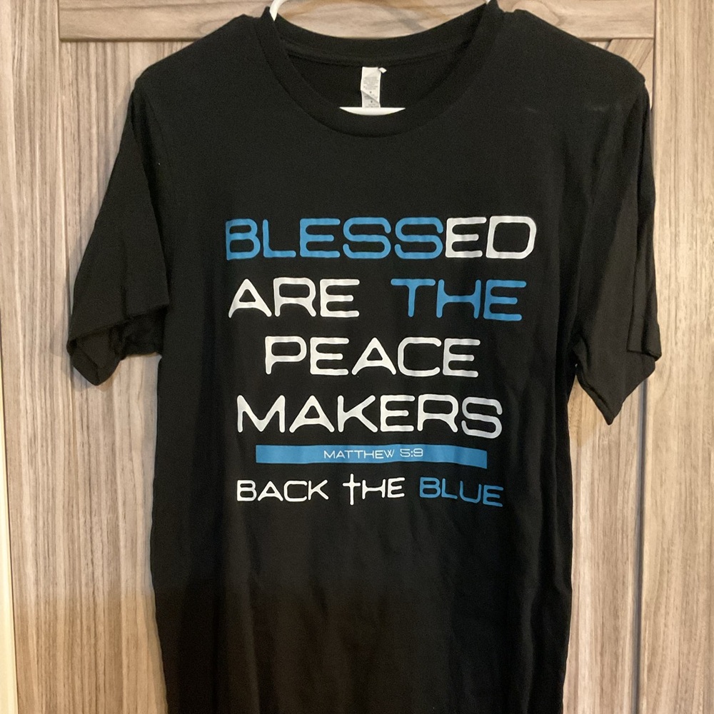 Black Graphic T-Shirt with Blue and White Text